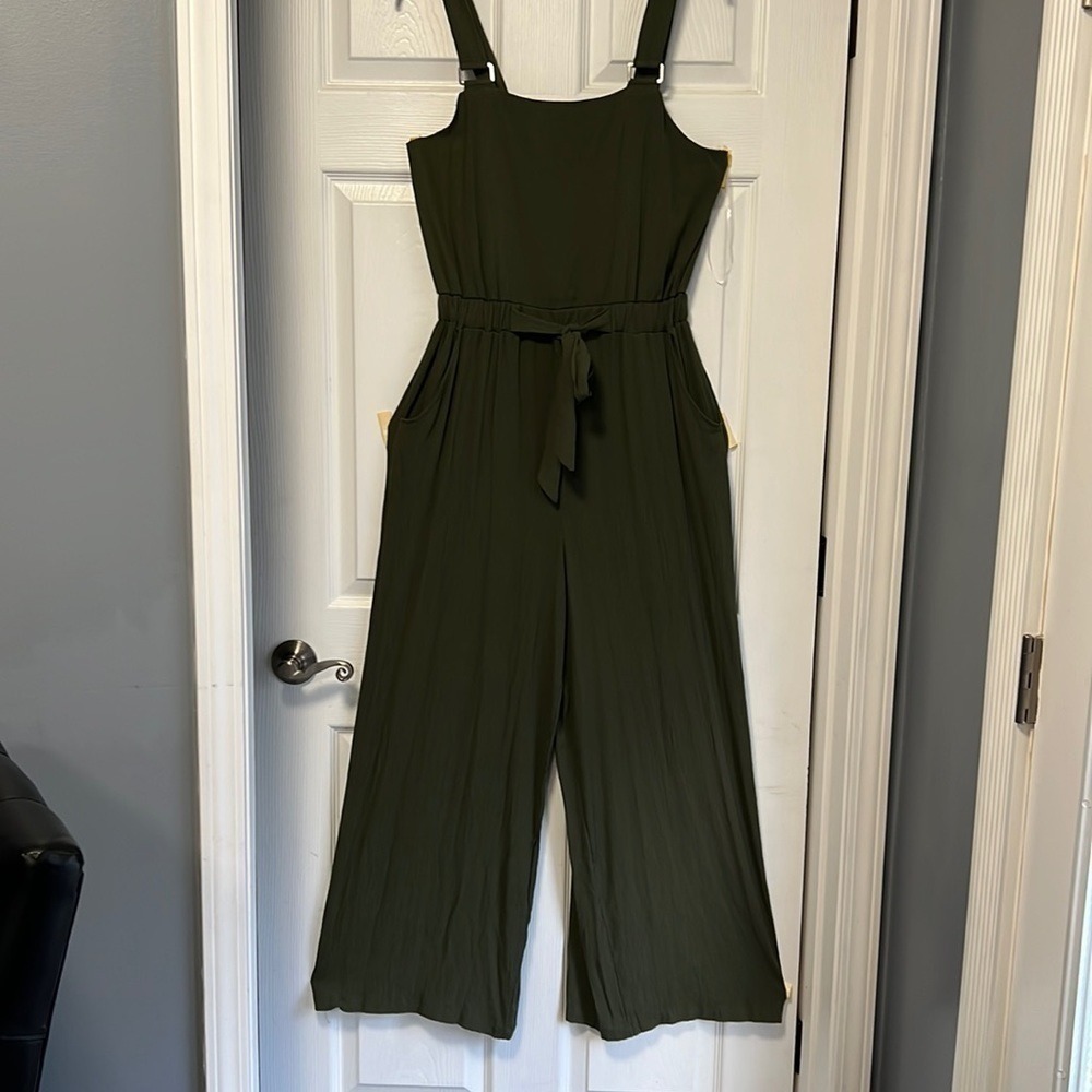 No Boundaries Olive Green Wide Leg Jumpsuit Sleeveless Belted Pockets L 11-13